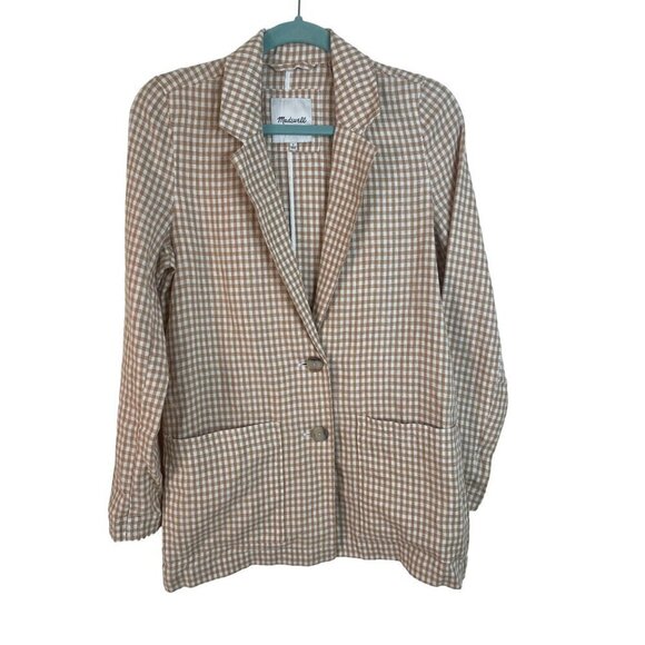 Madewell Womens Blazer Size Small Tan Dorset Gingham Check Pockets Pure Linen